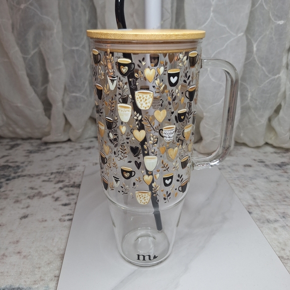 Mermaid Straw Other - Mermaid Straw Never Used Glass Tumbler Bamboo Lid & Glass Straw Coffee Print